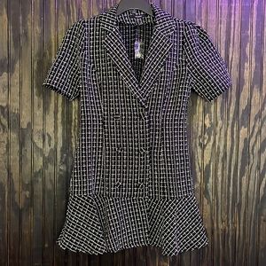 Plaid boucle collared button up dress M
